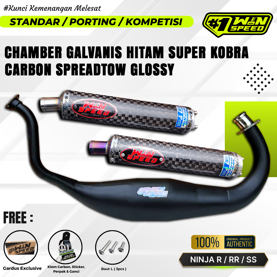 Fullsystem Silencers Carbon Spreadtow Glossy , Exhaust Chamber Super Cobra, Clearcoated Mild Steel Black Coating, KR150, KRR150, KRR150ZX, Serpico