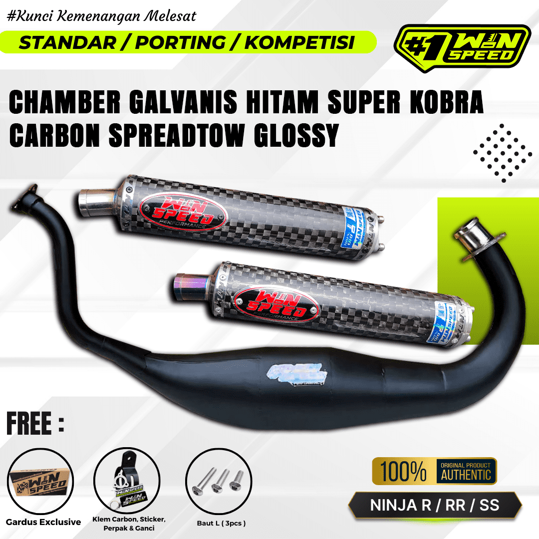 Fullsystem Silencers Carbon Spreadtow Glossy , Exhaust Chamber Super Cobra, Clearcoated Mild Steel Black Coating, KR150, KRR150, KRR150ZX, Serpico
